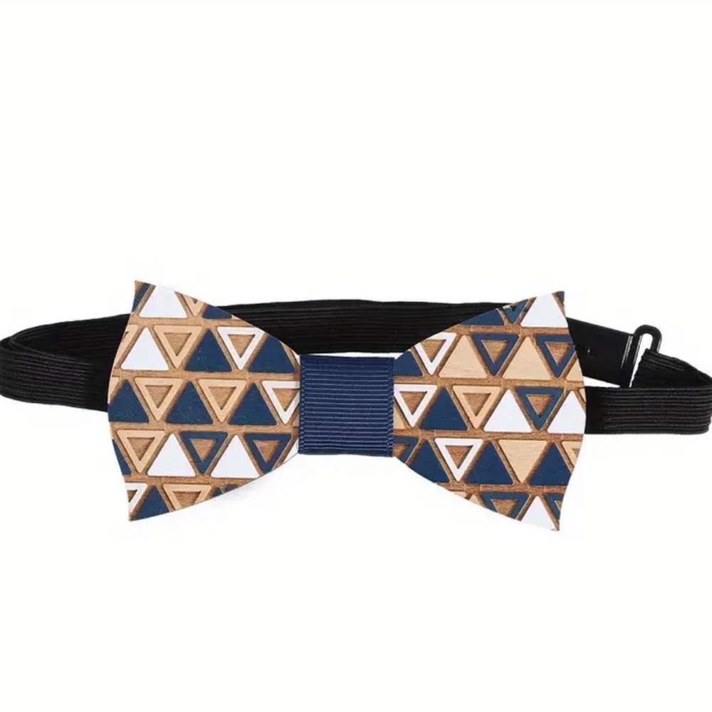 Geometric Patterned WOOD  Bow Tie - Blue, Brown, White
